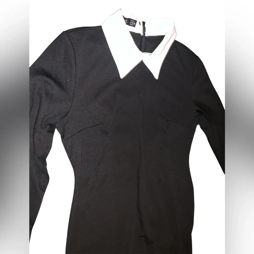 Elegant Black Long Sleeve Dress with turn down collar and white cuffs Wednesday - Picture 6 of 10